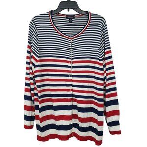 Lands End 100% Supima Cotton Navy Blue Red White Stripe Button Front Cardigan 2X